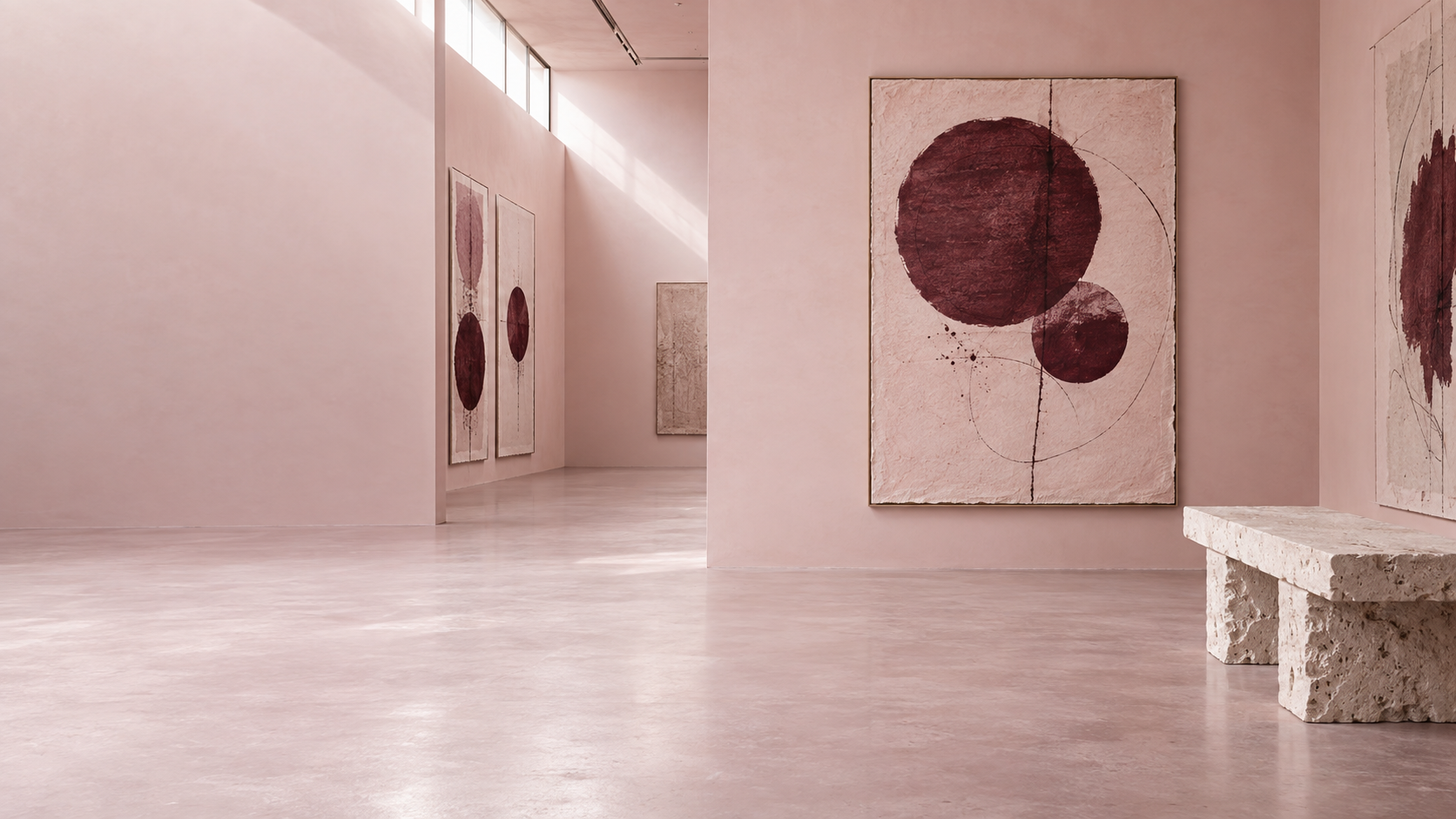 Pale rose contemporary gallery with abstract paper artworks